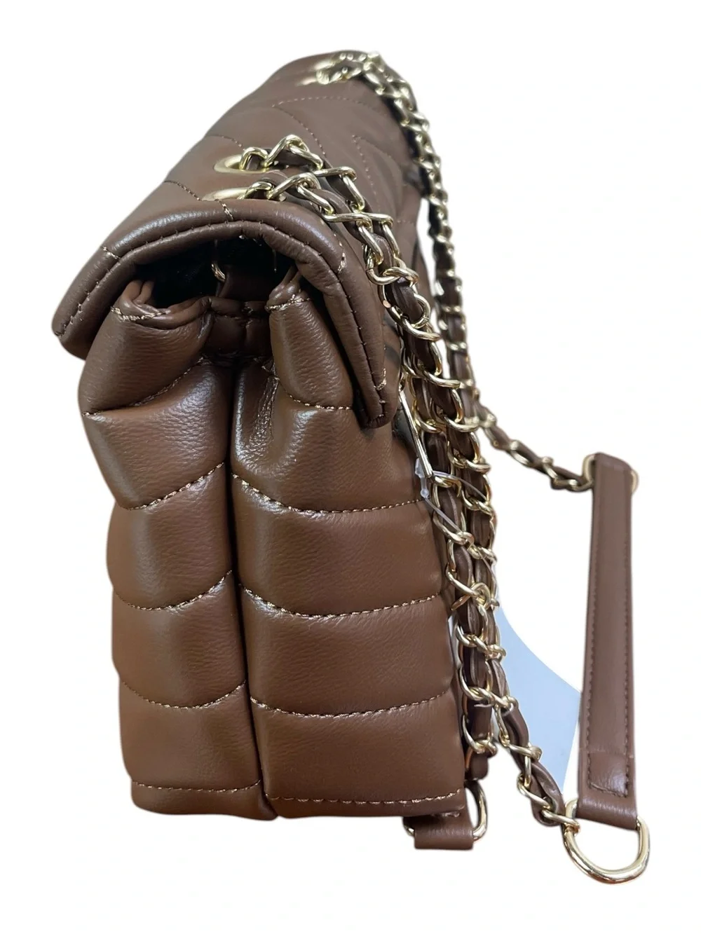 Brown Chevron Quilted Shoulder Bag Gold Chain